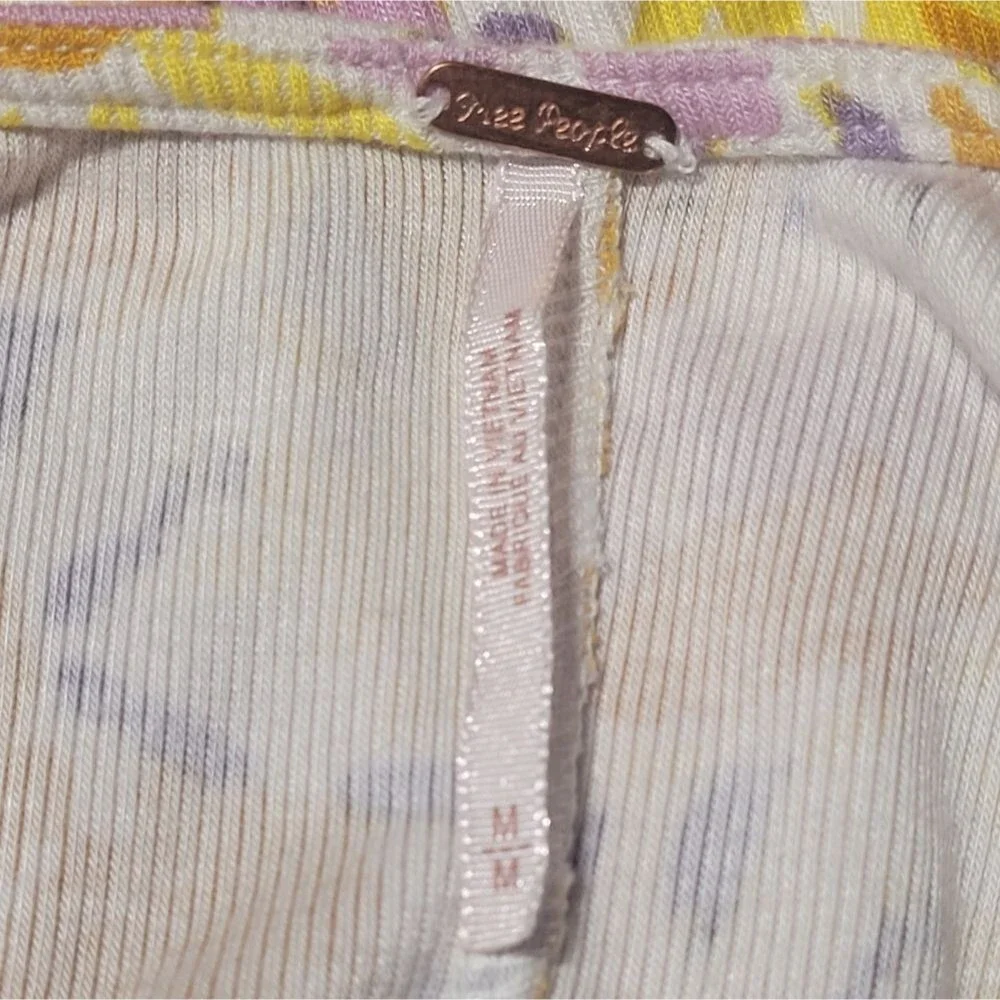 FREE PEOPLE Dress, M, Soft Ribbed, Plunging V,  Yellow/Purple Floral, Cap sleeve - Picture 7 of 14